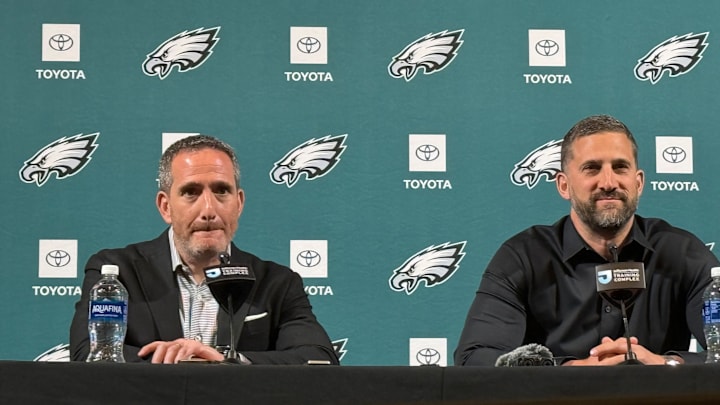 Eagles GM Howie Roseman (left) and head coach Nick Sirianni met with reporters after selecting Makai Lemon in the first round of the 2026 NFL Draft.