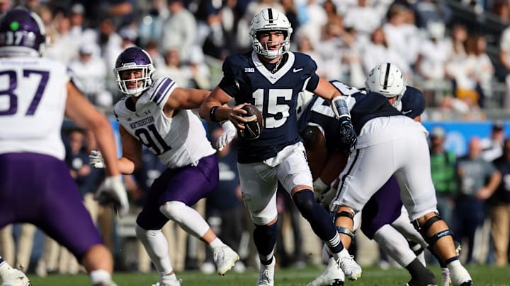 Oct 11, 2025; University Park, Pennsylvania, USA; Penn State Nittany Lions quarterback Drew Allar (15) runs with the ball during the second quarter against the Northwestern Wildcats at Beaver Stadium. Mandatory Credit: Matthew O'Haren-Imagn Images Oct 11, 2025; University Park, Pennsylvania, USA; Penn State Nittany Lions quarterback Drew Allar (15) runs with the ball during the second quarter against the Northwestern Wildcats at Beaver Stadium. Mandatory Credit: Matthew O'Haren-Imagn Images