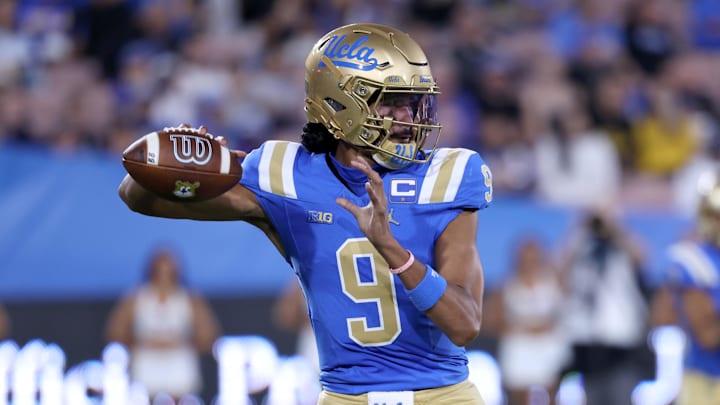 Sep 12, 2025; Pasadena, California, USA;  UCLA Bruins quarterback Nico Iamaleava (9) looks to pass during the first quarter against the New Mexico Lobos at Rose Bowl. Mandatory Credit: Kiyoshi Mio-Imagn Images