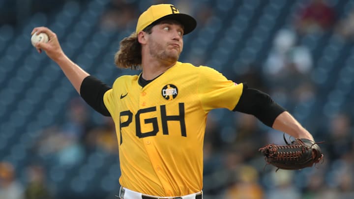 Aug 22, 2025; Pittsburgh, Pennsylvania, USA;  Pittsburgh Pirates starting pitcher Braxton Ashcraft (67) delivers a pitch against the Colorado Rockies during the first inning at PNC Park. Mandatory Credit: Charles LeClaire-Imagn Images