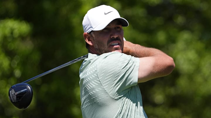 Apr 9, 2026; Augusta, Georgia, USA; Brooks Koepka tees off on the fifth hole during the first round of the Masters Tournament at Augusta National Golf Club. Mandatory Credit: Katie Goodale-Imagn Images