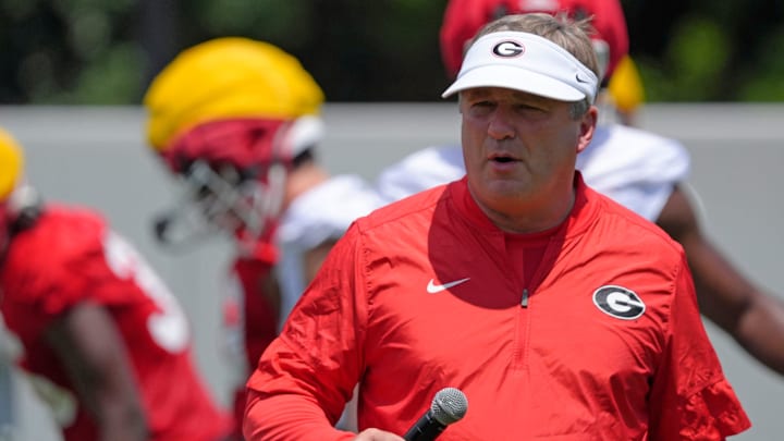 Georgia coach Kirby Smart looks on at the first day of fall practice in Athens, Georgia, on Thursday, July 31, 2025.