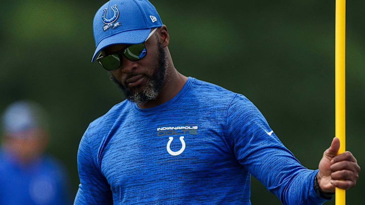 June 14, 2023; Indianapolis, IN, USA; Indianapolis Colts wide receivers coach Reggie Wayne prepares for a drill Wednesday, June 14, 2023, during mandatory minicamp at the Indiana Farm Bureau Football Center in Indianapolis. Mandatory Credit: Mykal McEldowney-Imagn Images
