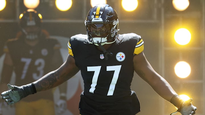 Sep 14, 2025; Pittsburgh, Pennsylvania, USA;  Pittsburgh Steelers offensive tackle Broderick Jones (77) reacts as he takes the field against the Seattle Seahawks at Acrisure Stadium. Mandatory Credit: Charles LeClaire-Imagn Images
