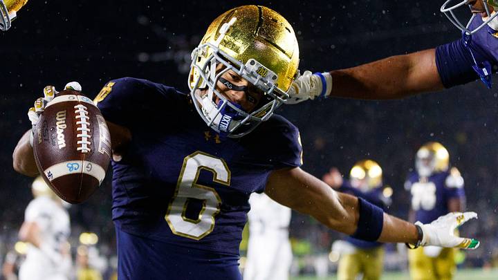 Notre Dame wide receiver Jordan Faison (6) celebrates after scoring a touchdown during the first half of a NCAA football game against Navy at Notre Dame Stadium on Saturday, Nov. 8, 2025, in South Bend. Notre Dame wide receiver Jordan Faison (6) celebrates after scoring a touchdown during the first half of a NCAA football game against Navy at Notre Dame Stadium on Saturday, Nov. 8, 2025, in South Bend.
