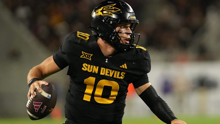 Sep 26, 2025; Tempe, Arizona, USA; Arizona State Sun Devils quarterback Sam Leavitt (10) looks to pass against TCU Horned Frogs in the second half at Mountain America Stadium, Home of the ASU Sun Devils. Mandatory Credit: Jacob Reiner-Imagn Images