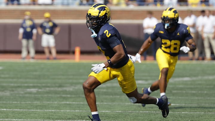 Sep 14, 2024; Ann Arbor, Michigan, USA;  Michigan Wolverines defensive back Will Johnson (2) pursues a play against the Arkansas State Red Wolves at Michigan Stadium. Mandatory Credit: Rick Osentoski-Imagn Images