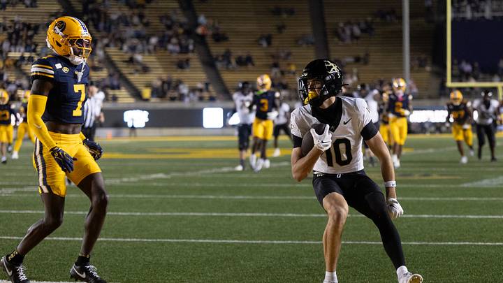 Oct 17, 2026; Berkeley, California, USA;  Wake Forest Demon Deacons wide receiver Jack Foley (10) beats California Golden Bears defensive back Daniel Harris (7) to the end zone for a touchdown during the first quarter at California Memorial Stadium.  Mandatory Credit: D. Ross Cameron-Imagn Images