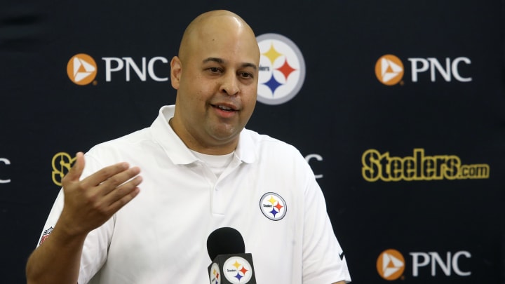 Jul 27, 2023; Latrobe, PA, USA;  Pittsburgh Steelers general manager Omar Khan addresses the media