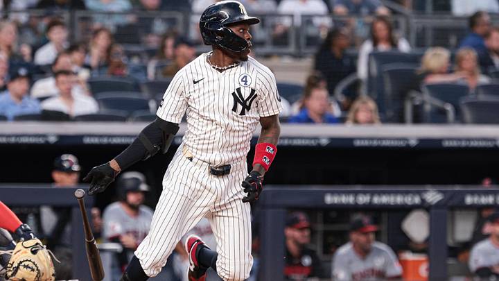 Jun 2, 2026: New York Yankees second baseman Jazz Chisholm Jr. (13) singles during the fourth inning against the Cleveland Guardians at Yankee Stadium. 