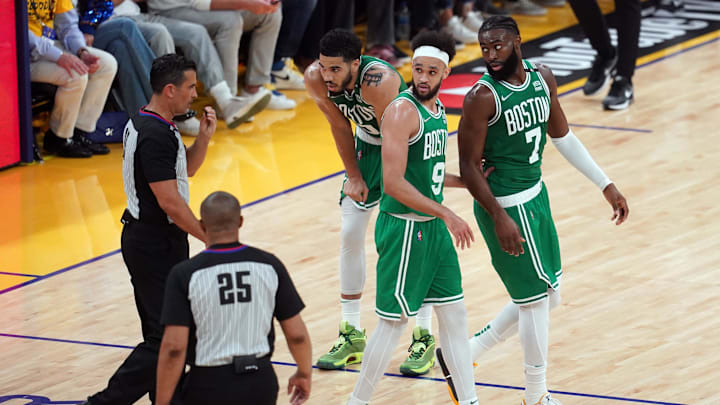 Jun 5, 2022; San Francisco, California, USA; Boston Celtics guard Jaylen Brown (7) and guard Derrick White (9) and forward Jayson Tatum (0) reacts after a call in the third quarter against the Golden State Warriors during game two of the 2022 NBA Finals at Chase Center. Mandatory Credit: Cary Edmondson-Imagn Images Jun 5, 2022; San Francisco, California, USA; Boston Celtics guard Jaylen Brown (7) and guard Derrick White (9) and forward Jayson Tatum (0) reacts after a call in the third quarter against the Golden State Warriors during game two of the 2022 NBA Finals at Chase Center. Mandatory Credit: Cary Edmondson-Imagn Images