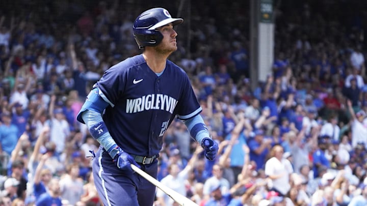 Jul 21, 2023; Chicago, Illinois, USA; Chicago Cubs first baseman Cody Bellinger (24) hits a two-run