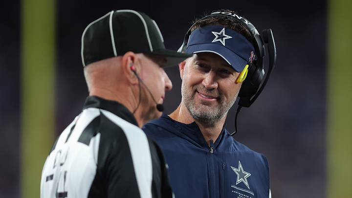 Dallas Cowboys head coach Brian Schottenheimer speaks to a referee during the first quarter against the New York Giants Dallas Cowboys head coach Brian Schottenheimer speaks to a referee during the first quarter against the New York Giants