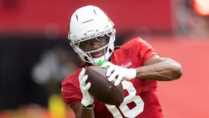 Jul 29, 2025; Glendale, AZ, USA; Arizona Cardinals wide receiver Marvin Harrison Jr. (18) during training camp at State Farm Stadium. Mandatory Credit: Mark J. Rebilas-Imagn Images