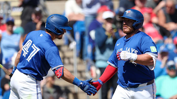 Dunedin, Florida, USA; Toronto Blue Jays catcher Alejandro Kirk (30) runs the bases after hitting a home run against the Philadelphia Phillies in the eighth inning during spring training at TD Ballpark.
