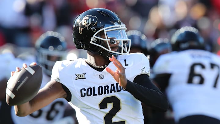 Nov 9, 2024; Lubbock, Texas, USA; Colorado Buffalos quarterback Shedeur Sanders (2) passes against the Texas Tech Red Raiders in the first half at Jones AT&T Stadium and Cody Campbell Field. Mandatory Credit: Michael C. Johnson-Imagn Images Nov 9, 2024; Lubbock, Texas, USA; Colorado Buffalos quarterback Shedeur Sanders (2) passes against the Texas Tech Red Raiders in the first half at Jones AT&T Stadium and Cody Campbell Field. Mandatory Credit: Michael C. Johnson-Imagn Images