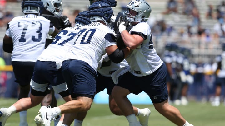 Jul 26, 2024; Oxnard, CA, USA; Dallas Cowboys guards Zack Martin (70) and Cooper Beebe (56) block during training camp at the River Ridge Playing Fields in Oxnard, California. Jul 26, 2024; Oxnard, CA, USA; Dallas Cowboys guards Zack Martin (70) and Cooper Beebe (56) block during training camp at the River Ridge Playing Fields in Oxnard, California.