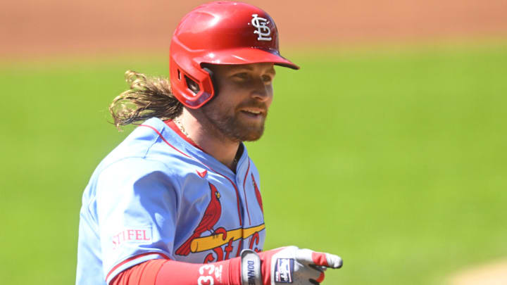 Jun 28, 2025; Cleveland, Ohio, USA; St. Louis Cardinals second baseman Brendan Donovan (33) runs the bases on his solo home run in the first inning against the Cleveland Guardians at Progressive Field. Mandatory Credit: David Richard-Imagn Images