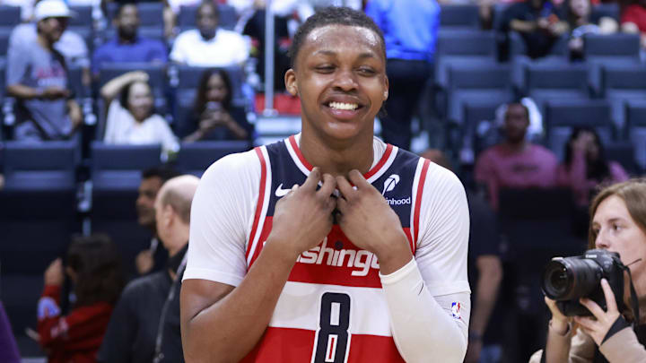 Apr 13, 2025; Miami, Florida, USA; Washington Wizards guard Bub Carrington (8) reacts after the Wizards win against the Miami Heat at Kaseya Center. Mandatory Credit: Rhona Wise-Imagn Images