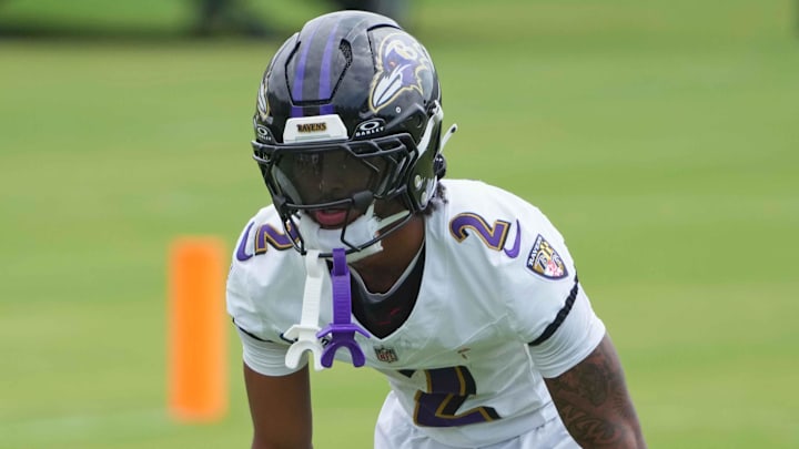 Jul 24, 2025; Owings Mills, MD, USA; Baltimore Ravens cornerback Nate Wiggins (2) runs drills during training camp at the Under Armour Performance Center. Mandatory Credit: Mitch Stringer-Imagn Images