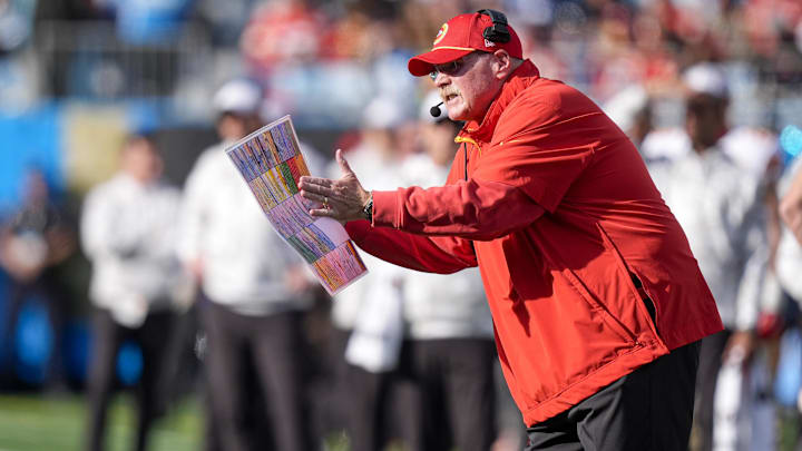 Nov 24, 2024; Charlotte, North Carolina, USA;  Kansas City Chiefs head coach Andy Reid yells out to his offense during the second quarter against the Carolina Panthers at Bank of America Stadium.