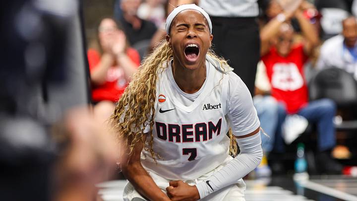 Oct 4, 2026; Atlanta, Georgia, USA; Atlanta Dream guard Jordin Canada (3) celebrates after a basket against the New York Liberty in the third quarter during game one of the second round for the 2026 WNBA Playoffs at State Farm Arena. Mandatory Credit: Brett Davis-Imagn Images