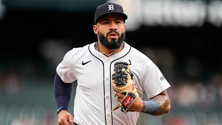 Detroit Tigers second base Gleyber Torres (25) runs off the field after top of first inning against Kansas City Royals at Comerica Park in Detroit on Thursday, April 17, 2025. Detroit Tigers second base Gleyber Torres (25) runs off the field after top of first inning against Kansas City Royals at Comerica Park in Detroit on Thursday, April 17, 2025.
