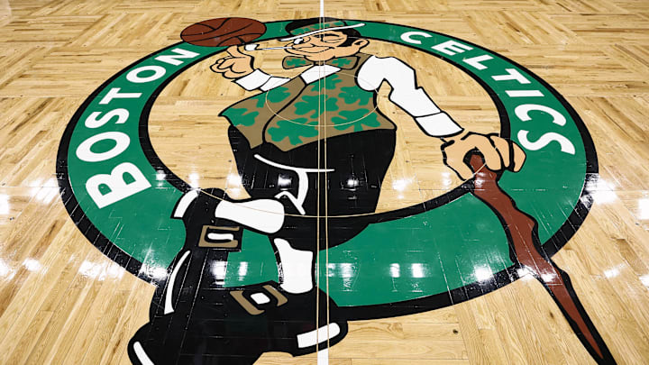 Feb 28, 2025; Boston, Massachusetts, USA: The Boston Celtics logo is seen on the court beofre the game between the Boston Celtics and the Cleveland Cavaliers at TD Garden. Mandatory Credit: Winslow Townson-Imagn Images