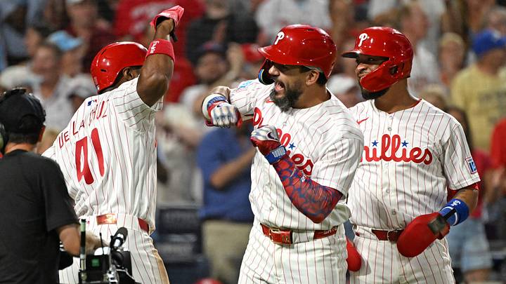 Sep 9, 2026; Philadelphia, Pennsylvania, USA; Philadelphia Phillies designated hitter Kyle Schwarber (12) celebrates with right fielder Bryan de la Cruz (41) after hitting a grand slam home run against the Houston Astros during the sixth inning at Citizens Bank Park. Mandatory Credit: Eric Hartline-Imagn Images Sep 9, 2026; Philadelphia, Pennsylvania, USA; Philadelphia Phillies designated hitter Kyle Schwarber (12) celebrates with right fielder Bryan de la Cruz (41) after hitting a grand slam home run against the Houston Astros during the sixth inning at Citizens Bank Park. Mandatory Credit: Eric Hartline-Imagn Images