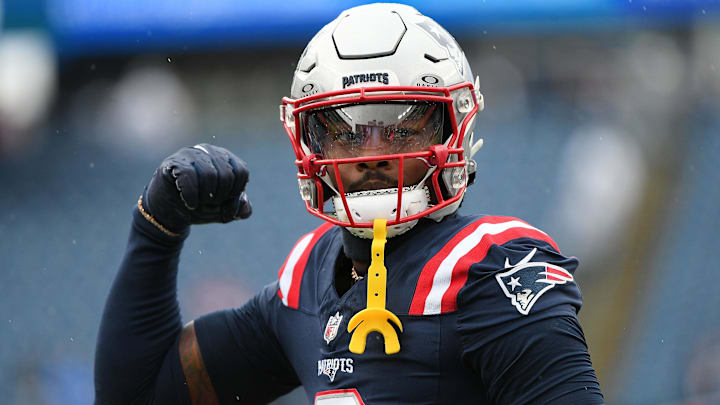 Sep 7, 2025; Foxborough, Massachusetts, USA; New England Patriots wide receiver Stefon Diggs (8) practices before the game against the Las Vegas Raiders at Gillette Stadium. Mandatory Credit: Bob DeChiara-Imagn Images
