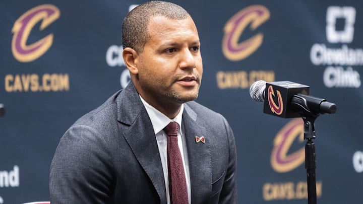 Oct 2, 2023; Cleveland, OH, USA; Cleveland Cavaliers general manager Koby Altman talks to the media during media day at Rocket Mortgage FieldHouse. Mandatory Credit: Ken Blaze-Imagn Images Oct 2, 2023; Cleveland, OH, USA; Cleveland Cavaliers general manager Koby Altman talks to the media during media day at Rocket Mortgage FieldHouse. Mandatory Credit: Ken Blaze-Imagn Images