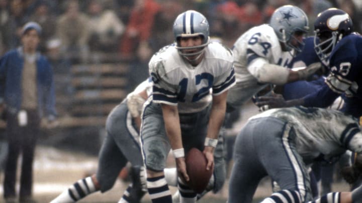 Dec 25, 1971; Bloomington, MN, USA; FILE PHOTO; Dallas Cowboys quarterback Roger Staubach (12) during the 1971 NFC Divisional Playoff Game against the Minnesota Vikings at Metropolitan Stadium. The Cowboys defeated the Vikings 20-12. 