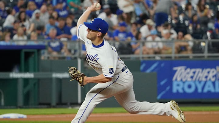 Jun 4, 2021; Kansas City, Missouri, USA; Kansas City Royals relief pitcher Tyler Zuber (53) delivers a pitch during the game against the Minnesota Twins at Kauffman Stadium. Mandatory Credit: Denny Medley-USA TODAY Sports