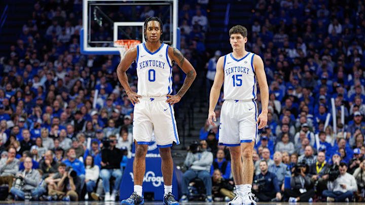 Jan 17, 2024; Lexington, Kentucky, USA; Kentucky Wildcats guards Rob Dillingham (0) and Reed