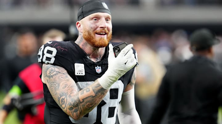 Oct 15, 2023; Paradise, Nevada, USA; Las Vegas Raiders defensive end Maxx Crosby (98) celebrates after the Raiders defeated the New England Patriots 21-17 at Allegiant Stadium.