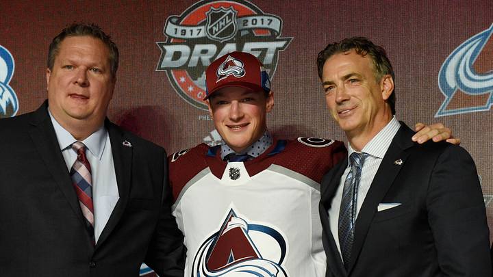June 23, 2017; Chicago, IL, USA; Cale Makar poses for photos after being selected as the number four overall pick to the Colorado Avalanche in the first round of the 2017 NHL Draft at the United Center. Mandatory Credit: David Banks-USA TODAY Sports June 23, 2017; Chicago, IL, USA; Cale Makar poses for photos after being selected as the number four overall pick to the Colorado Avalanche in the first round of the 2017 NHL Draft at the United Center. Mandatory Credit: David Banks-USA TODAY Sports