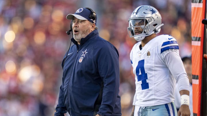 October 8, 2023; Santa Clara, California, USA; Dallas Cowboys head coach Mike McCarthy (left) and