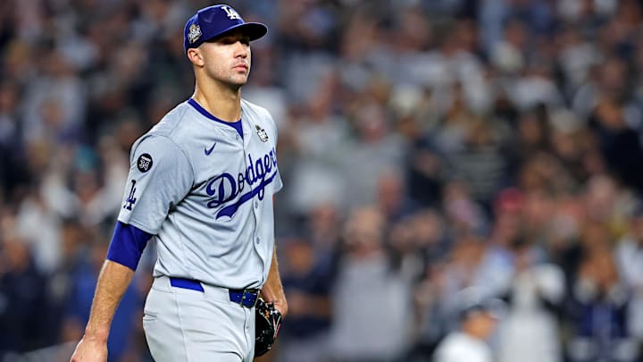 Oct 30, 2024; New York, New York, USA; Los Angeles Dodgers pitcher Jack Flaherty (0) reacts after being relieved during the second inning against the New York Yankees in game four of the 2024 MLB World Series at Yankee Stadium.