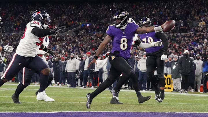 Jan 20, 2024; Baltimore, MD, USA; Baltimore Ravens quarterback Lamar Jackson (8) runs the ball to