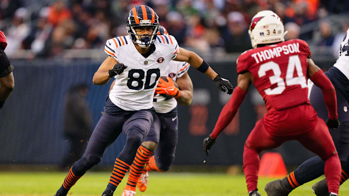 Dec 24, 2023; Chicago, Illinois, USA;  Chicago Bears wide receiver Collin Johnson (80) blocks downfield against the Arizona Cardinals at Soldier Field. Mandatory Credit: Jamie Sabau-USA TODAY Sports