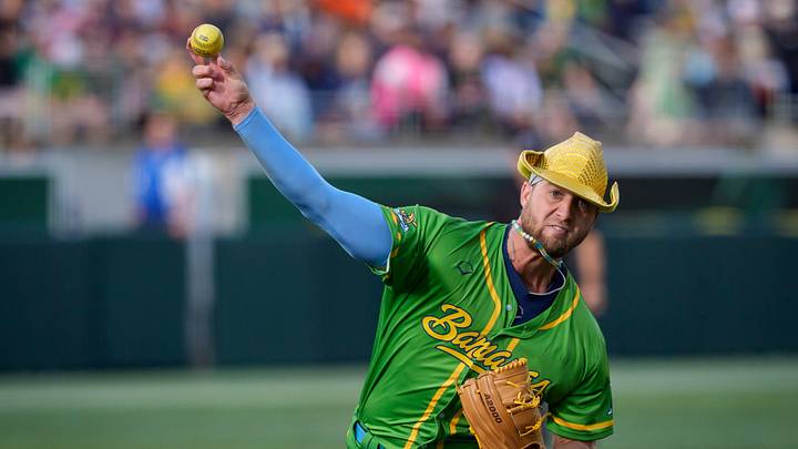 Savannah Bananas shortstop Ryan Cox throws out a pitch as the Savannah Bananas visit Autzen Stadium in Eugene, Oregon on June 27, 2026.