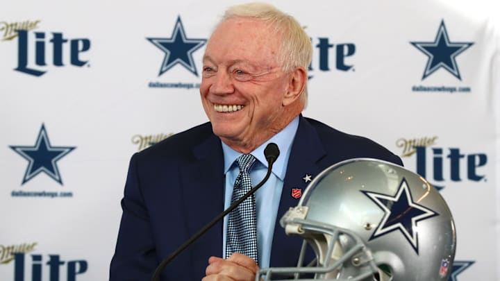 Dallas Cowboys owner Jerry Jones smiles as he answers questions during a press conference at Ford Center at The Star. 