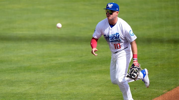 Oklahoma City's Ryan Ward (10) throws to first for an out during the game between the Oklahoma City Comets and the Tacoma Rainers at the Chickasaw Bricktown Ballpark in Oklahoma City on April 16, 2025. Oklahoma City's Ryan Ward (10) throws to first for an out during the game between the Oklahoma City Comets and the Tacoma Rainers at the Chickasaw Bricktown Ballpark in Oklahoma City on April 16, 2025.