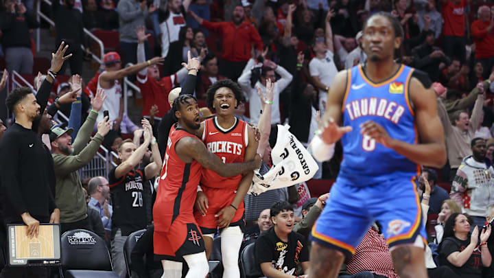 Dec 1, 2024; Houston, Texas, USA; Houston Rockets forward Tari Eason (17) and forward Amen Thompson (1) celebrate after a play during the fourth quarter against the Oklahoma City Thunder at Toyota Center. Mandatory Credit: Troy Taormina-Imagn Images Dec 1, 2024; Houston, Texas, USA; Houston Rockets forward Tari Eason (17) and forward Amen Thompson (1) celebrate after a play during the fourth quarter against the Oklahoma City Thunder at Toyota Center. Mandatory Credit: Troy Taormina-Imagn Images