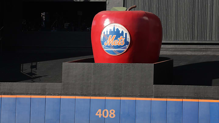 Oct 9, 2024; New York, New York, USA; A view of the big apple in center field before game four of the NLDS for the 2024 MLB Playoffs between the Philadelphia Phillies and New York Mets at Citi Field. Mandatory Credit: Brad Penner-Imagn Images