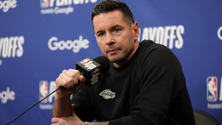 Los Angeles Lakers head coach JJ Redick speaks to the media before Game 2 of the first round for the 2024 NBA Playoffs against the Minnesota Timberwolves at Crypto.com Arena.