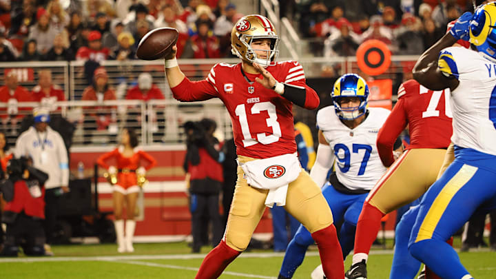 Dec 12, 2024; Santa Clara, California, USA; San Francisco 49ers quarterback Brock Purdy (13) throws the ball against the Los Angeles Rams during the first quarter at Levi's Stadium. Mandatory Credit: Kelley L Cox-Imagn Images Dec 12, 2024; Santa Clara, California, USA; San Francisco 49ers quarterback Brock Purdy (13) throws the ball against the Los Angeles Rams during the first quarter at Levi's Stadium. Mandatory Credit: Kelley L Cox-Imagn Images