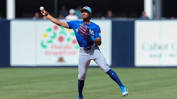 Feb 28, 2026; Tampa, Florida, USA; Toronto Blue Jays shortstop Arjun Nimmala (18) throws to first fro an out against the New York Yankees in the fourth inning during spring training at George M. Steinbrenner Field. Mandatory Credit: Nathan Ray Seebeck-Imagn Images