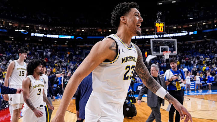 Michigan forward Yaxel Lendeborg celebrates on court after 95-72 win over Saint Louis at the NCAA Tournament Second Round