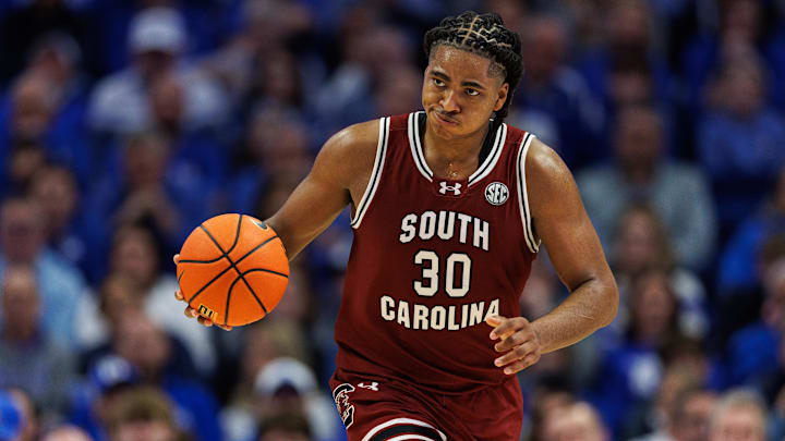 Feb 8, 2025; Lexington, Kentucky, USA; South Carolina Gamecocks forward Collin Murray-Boyles (30) brings the ball up court during the first half against the Kentucky Wildcats at Rupp Arena at Central Bank Center. Mandatory Credit: Jordan Prather-Imagn Images